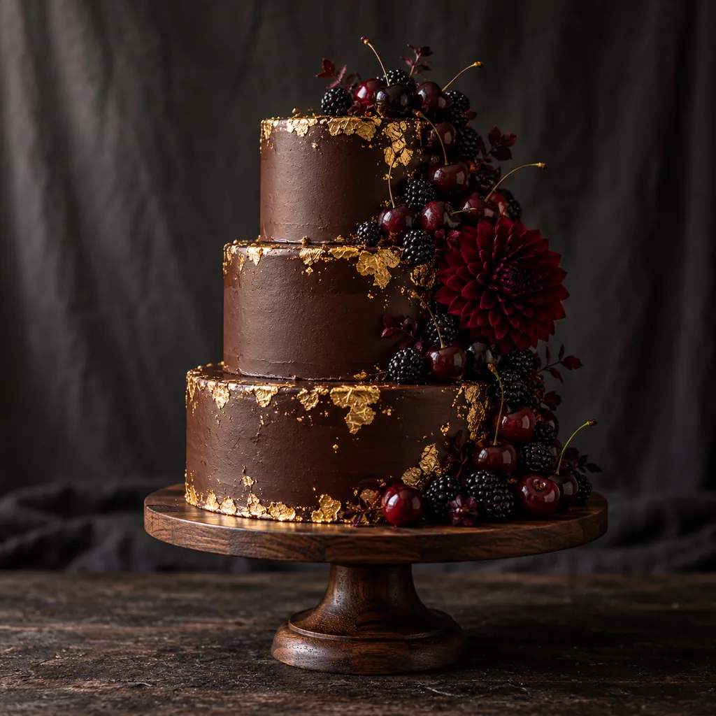 Rendered concept: a three-tier dark chocolate cake with brushed gold leaf, dark cherries, blackberries and a burgundy dahlia